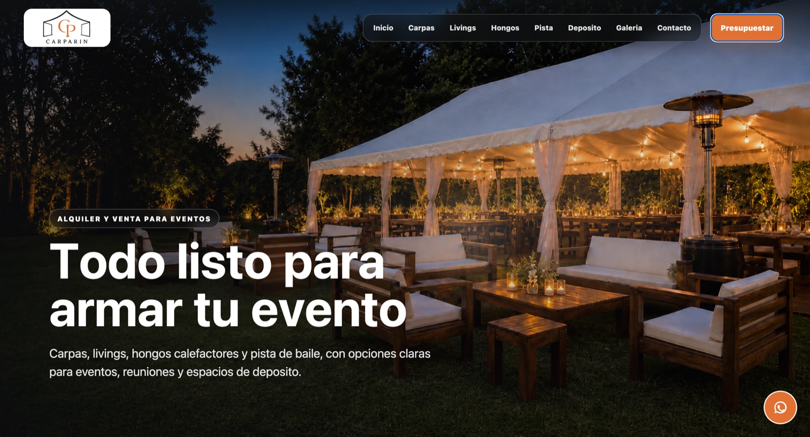 Portada de la web Carparin para alquiler y venta de equipamiento para eventos