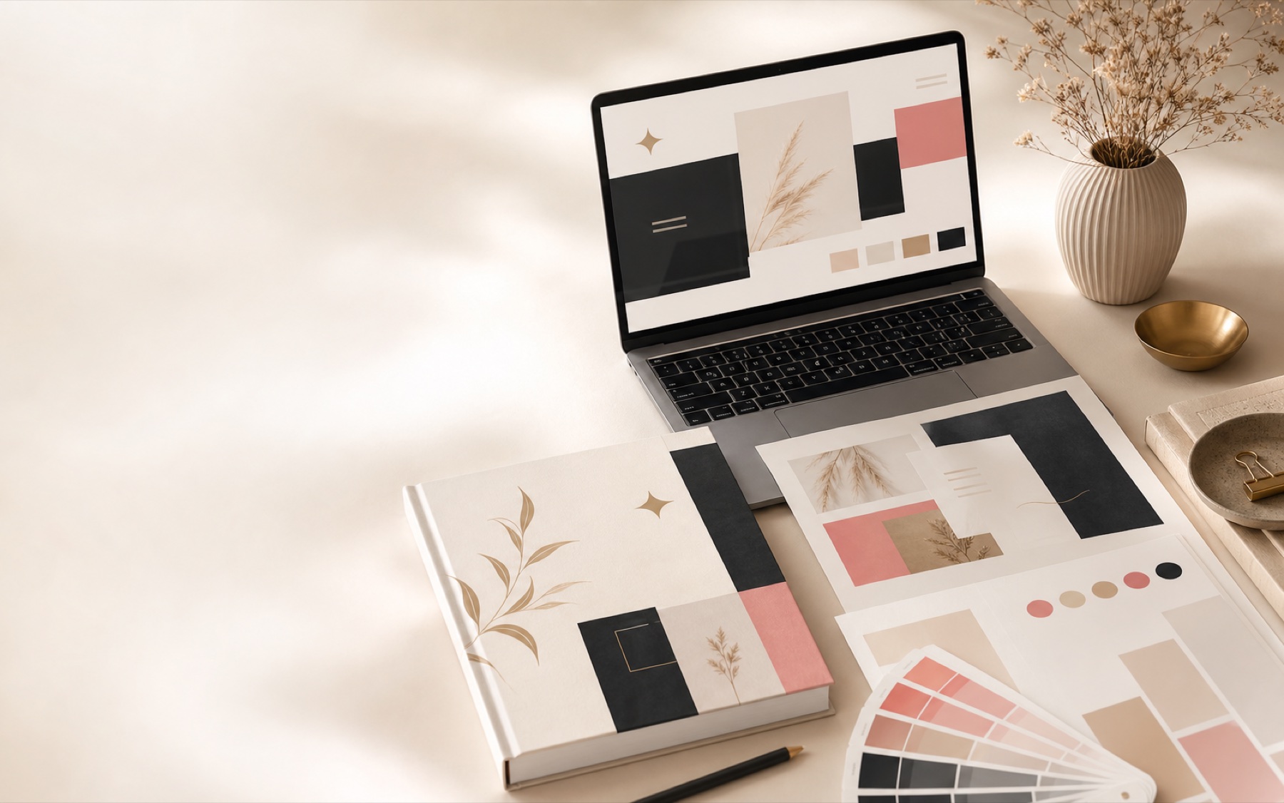 Escena editorial con laptop, paleta visual y piezas de marca