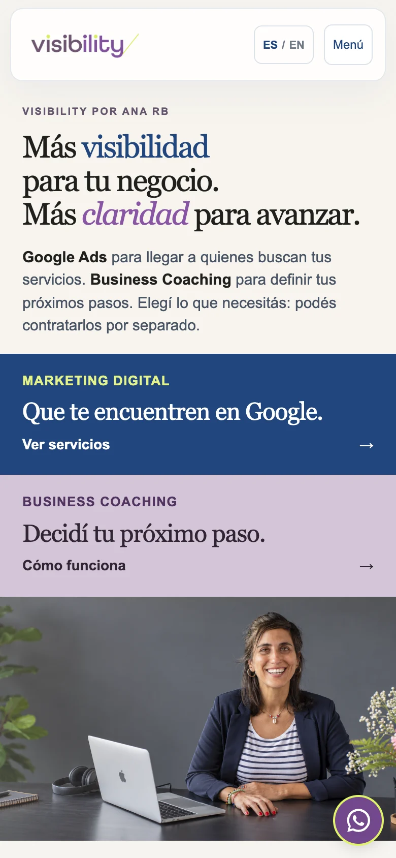 Inicio de Visibility en celular con bloques azul de Marketing digital y lavanda de Business Coaching, seguidos de la fotografía de Ana